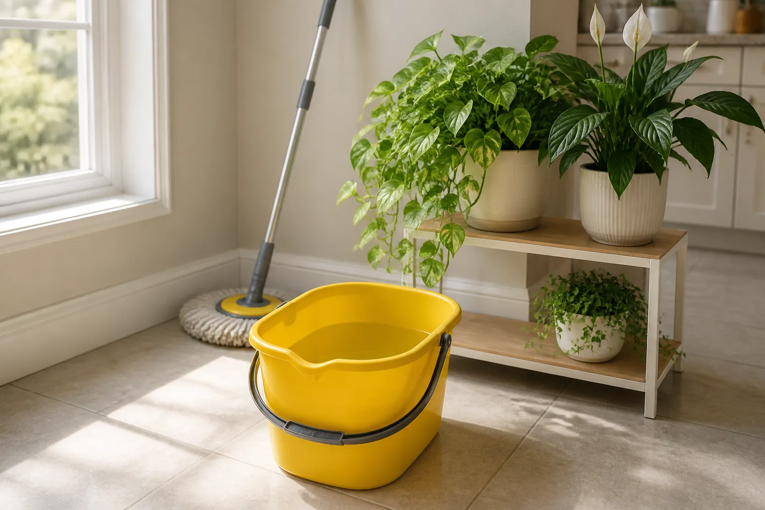 Mop bucket with clear rinse water beside potted houseplants on a tile floor