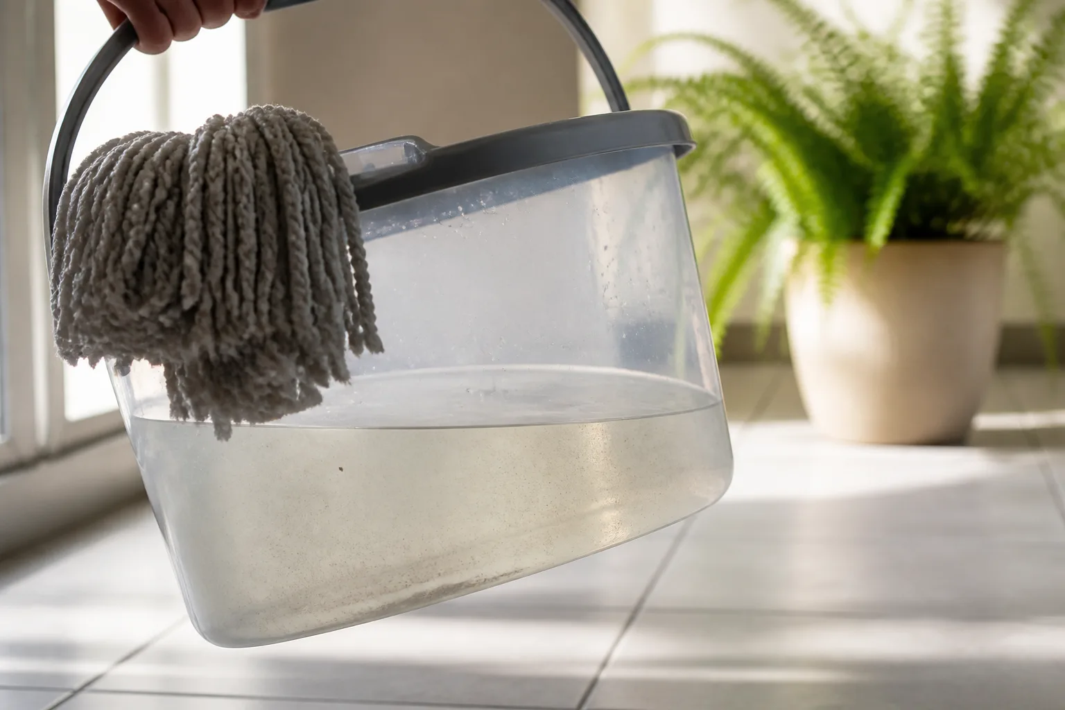 Inspecting mop bucket water clarity in sunlight before deciding whether to water plants