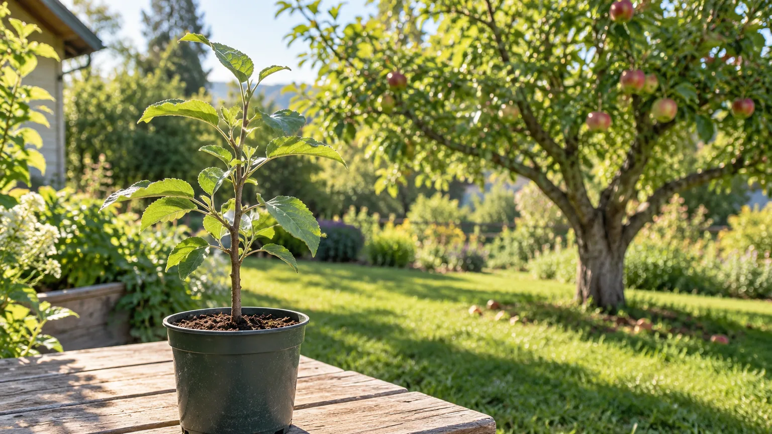 Young apple seedling acclimating outdoors in a pot near a mature apple tree
