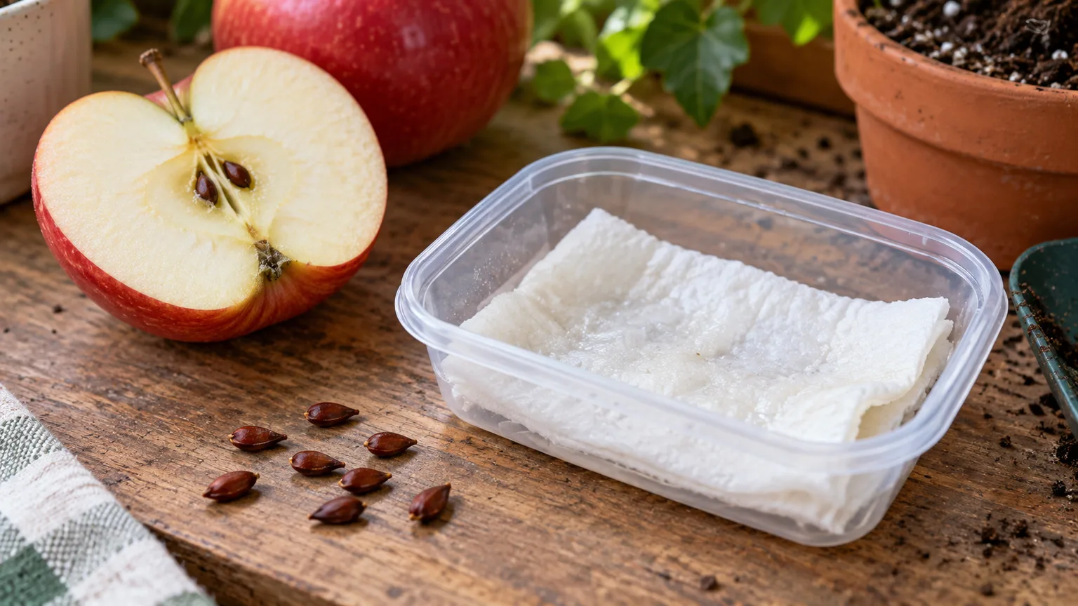 Apple seeds and a lightly damp paper towel in a container prepared for cold stratification