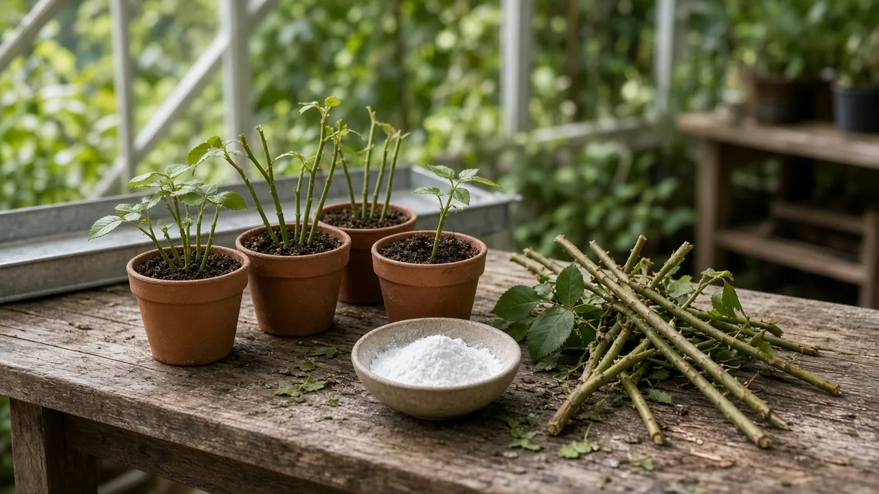 Rose stem cuttings growing in terracotta pots in a protected greenhouse setting