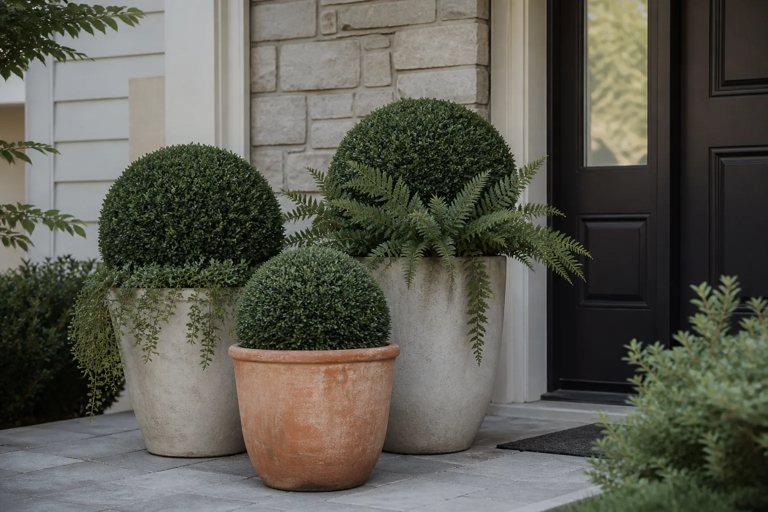 Realistic faux boxwood topiary and artificial greenery in heavy ceramic planters on a paved front porch