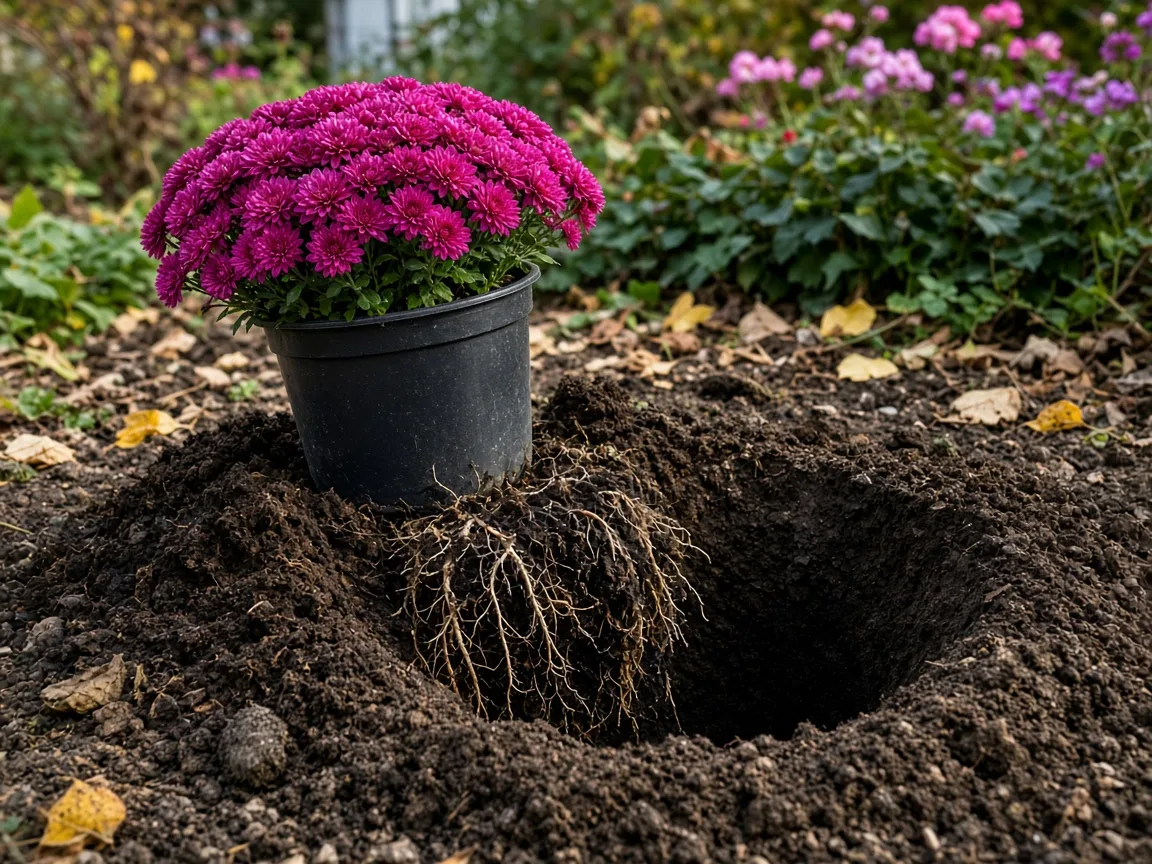 Magenta chrysanthemum beside an open planting hole with compost and teased roots ready for transplant