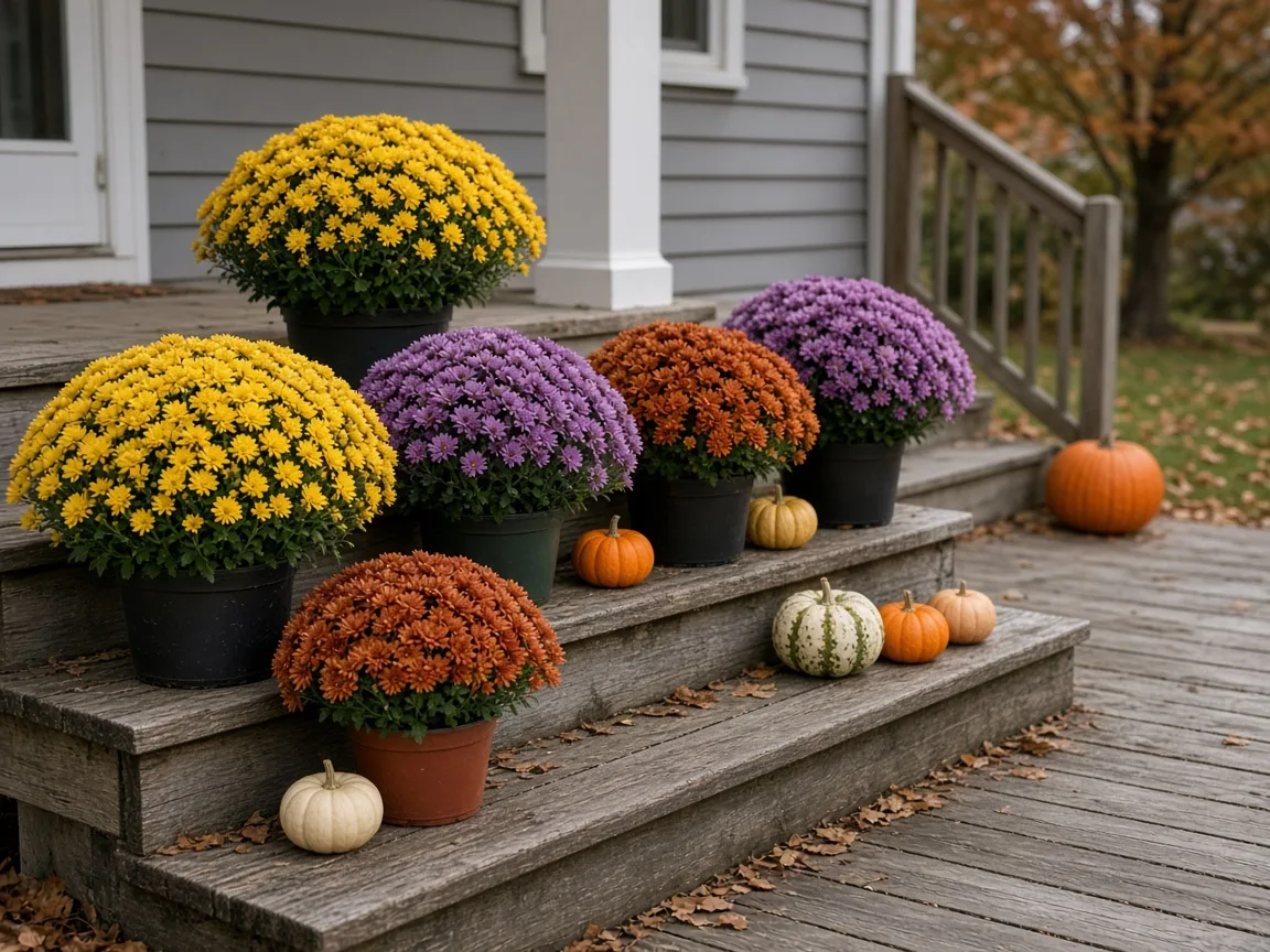 Potted fall chrysanthemums in yellow, purple, and rust on porch steps beside pumpkins