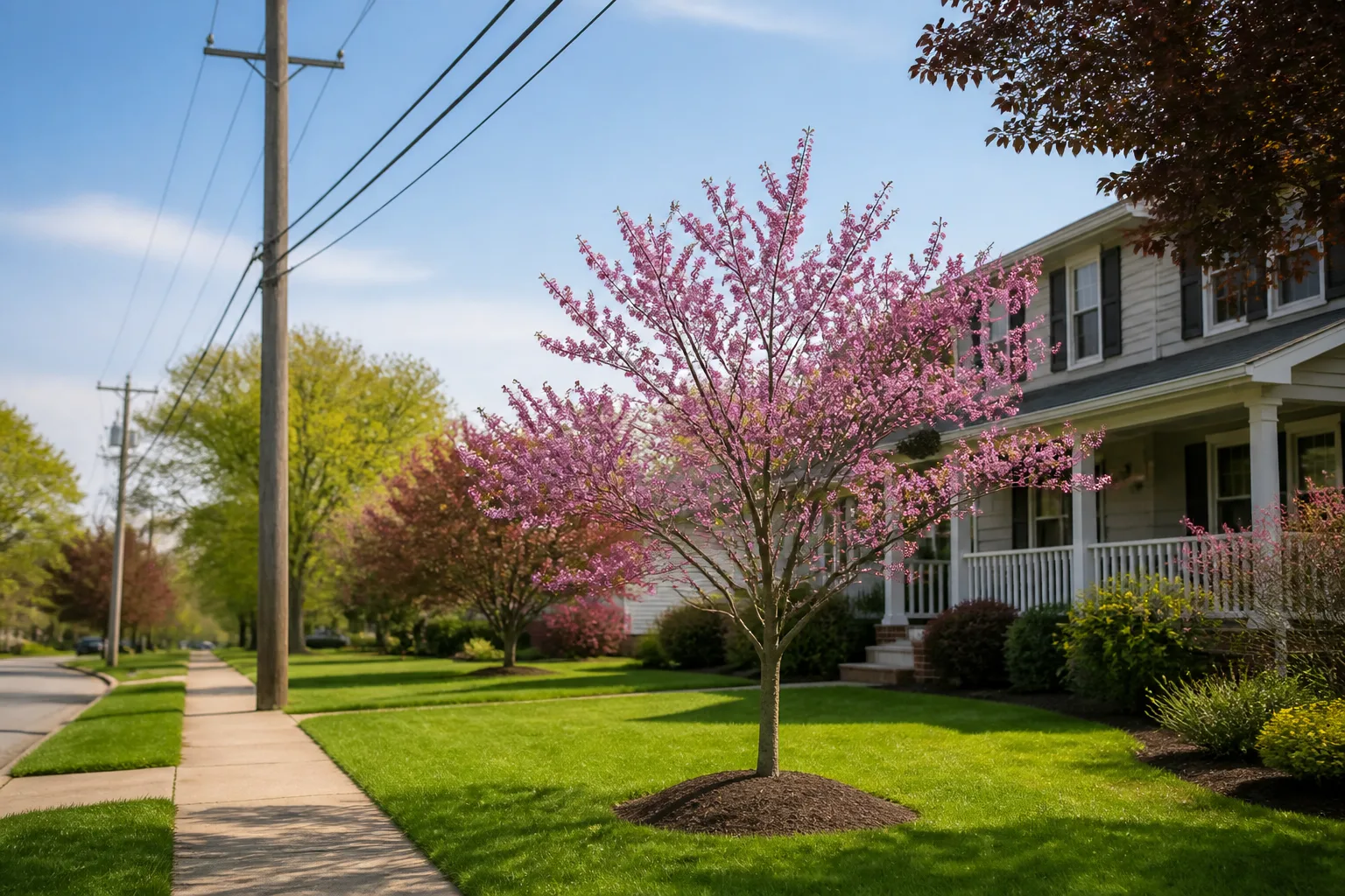 Young flowering tree planted at a safe distance from overhead power lines along a suburban residential street
