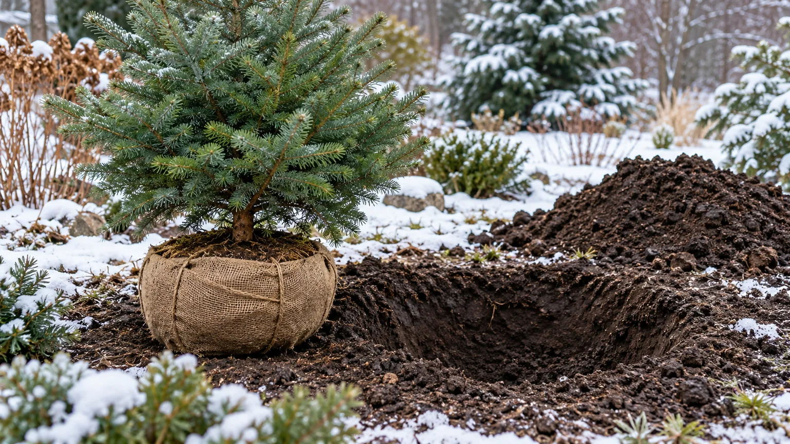Small evergreen with a burlap root ball beside a wide, shallow planting hole in winter soil