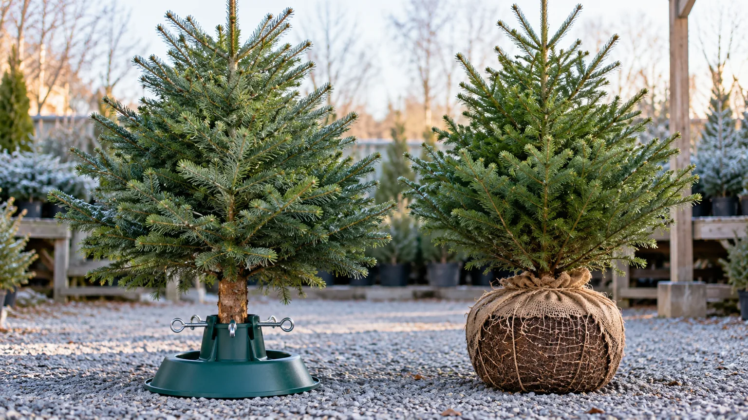 Cut Christmas tree in a stand beside a living evergreen with a burlap-wrapped root ball