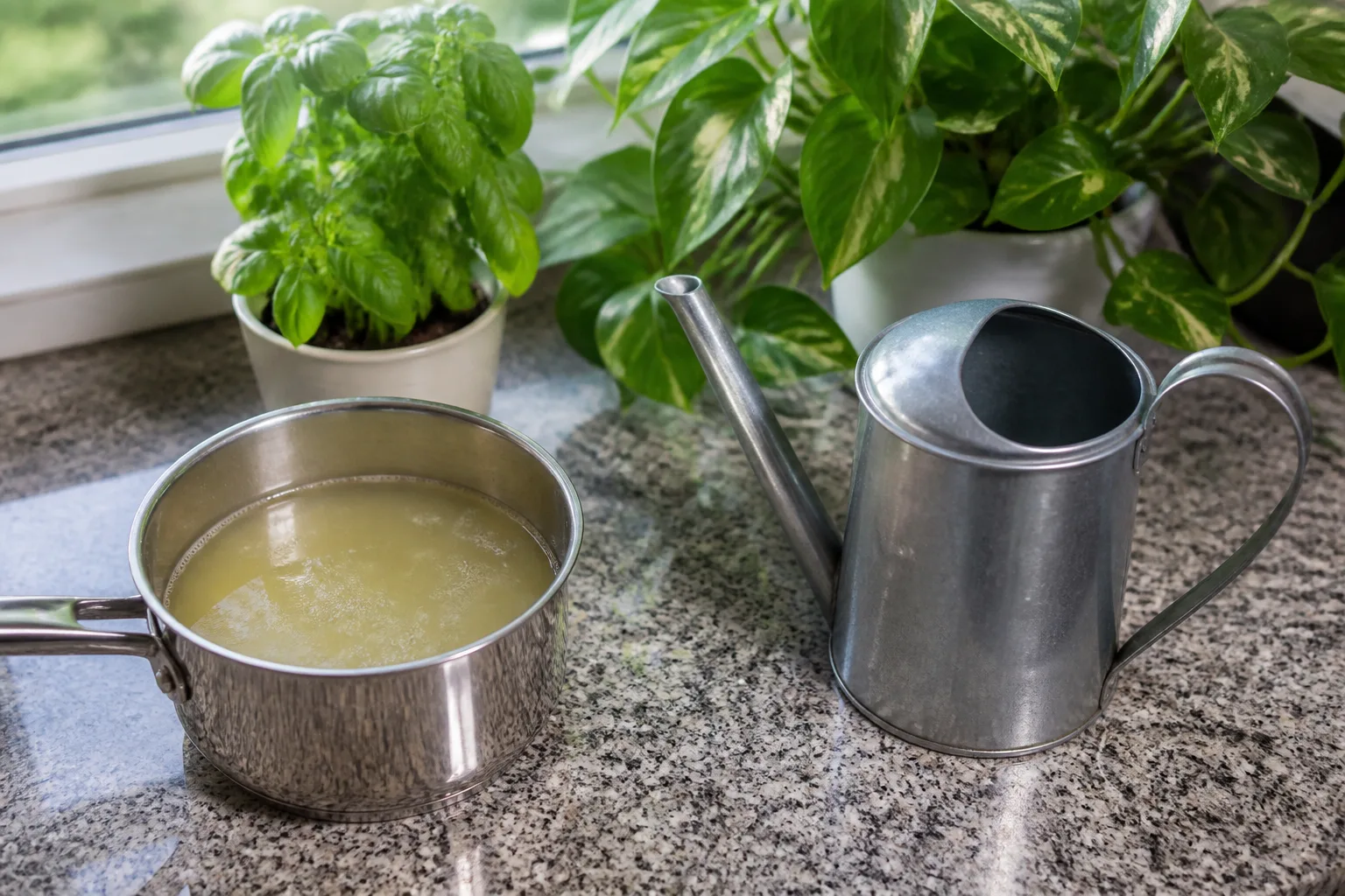 Unsalted starchy pasta water cooling in a pot next to a watering can and potted herbs