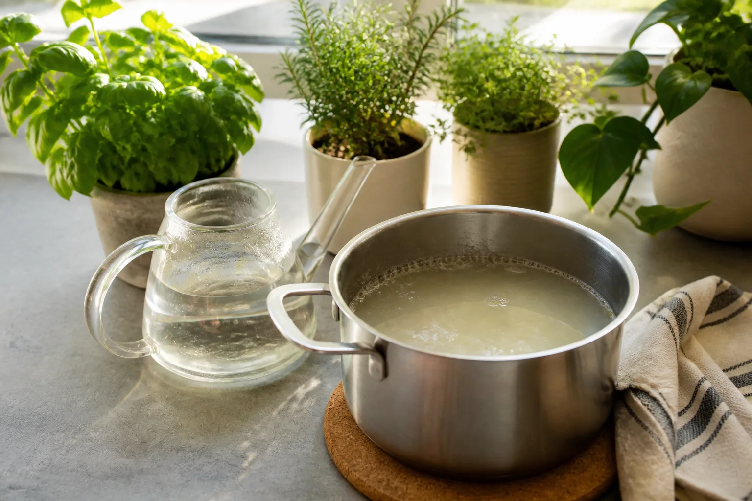Cloudy starchy pasta cooking water cooling in a pot beside a watering can and potted kitchen herbs