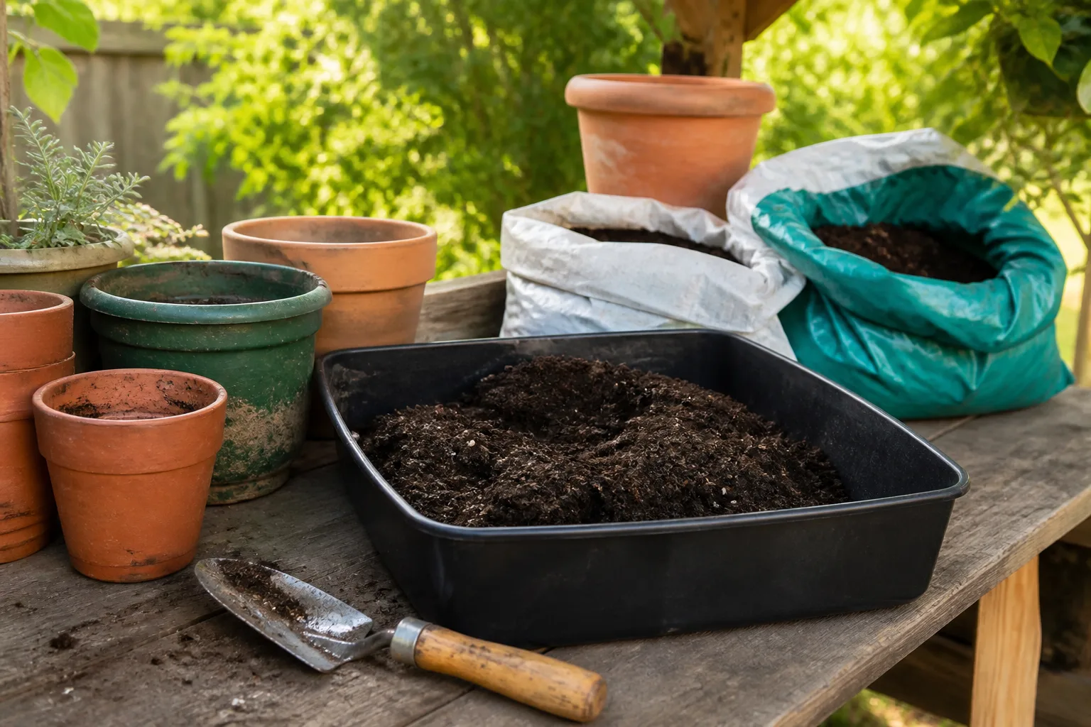 Potting bench with planters, open bags of potting mix, and spent soil in a tub ready for inspection