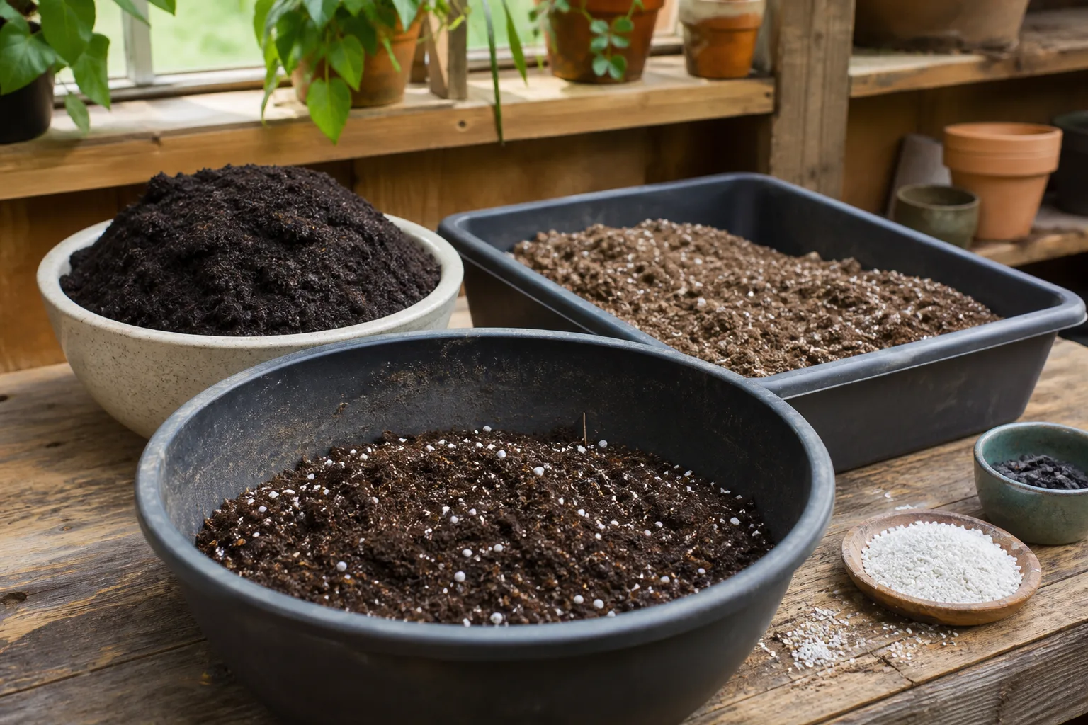 Compost, perlite, and spent potting mix arranged on a potting bench for blending refreshed container soil