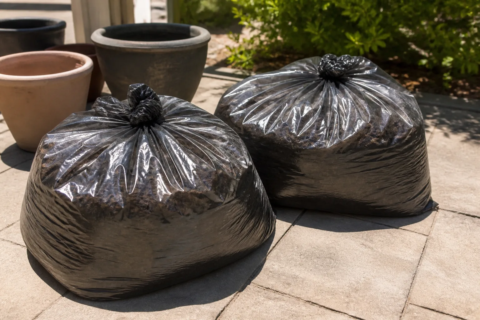 Black contractor bags filled with spent potting soil solarizing in full sun on a sunny patio