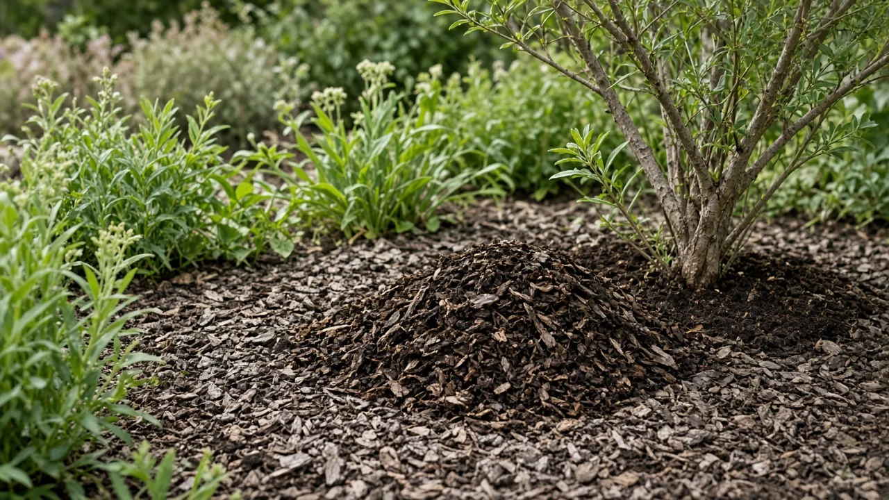 A garden bed with an intact surface layer of wood-chip mulch