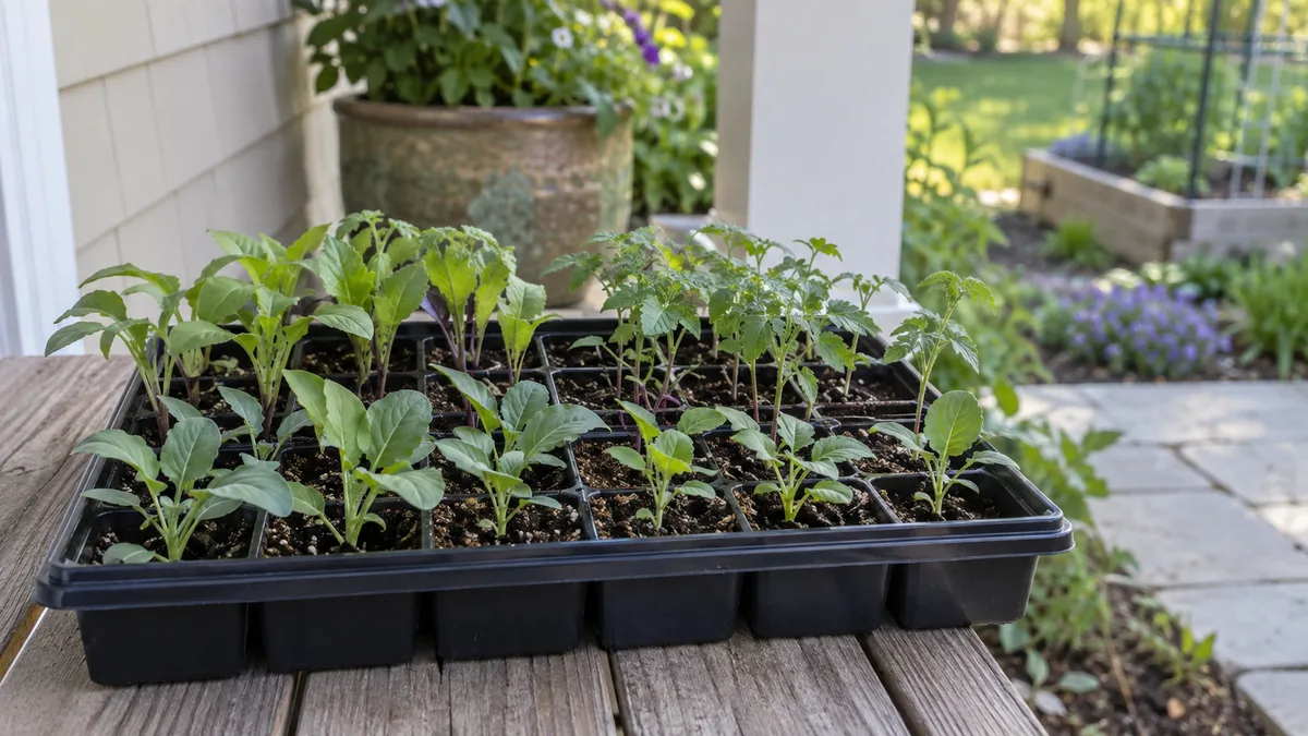 Seedlings in a tray outdoors in a sheltered bright-shade spot during hardening off.