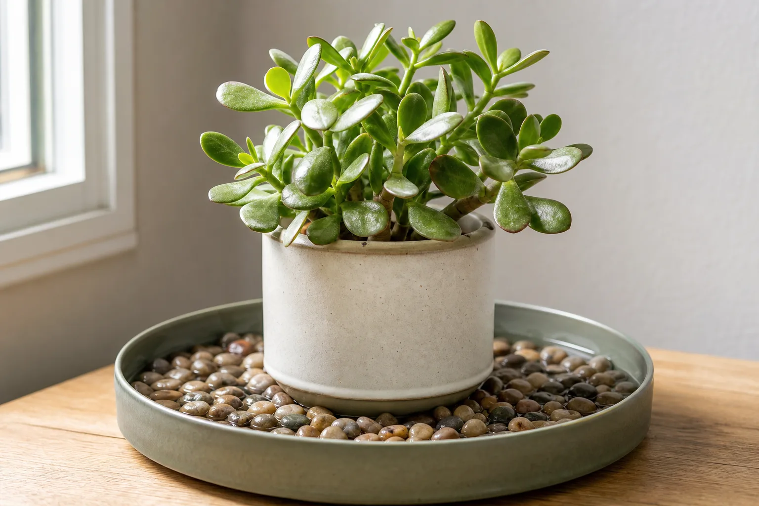 Bright windowsill with well-drained succulents — light and drainage matter more than humidity trays