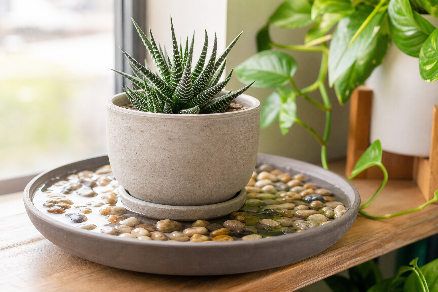 Holiday cactus in a pot beside a shallow pebble tray with stones and water below the pot base