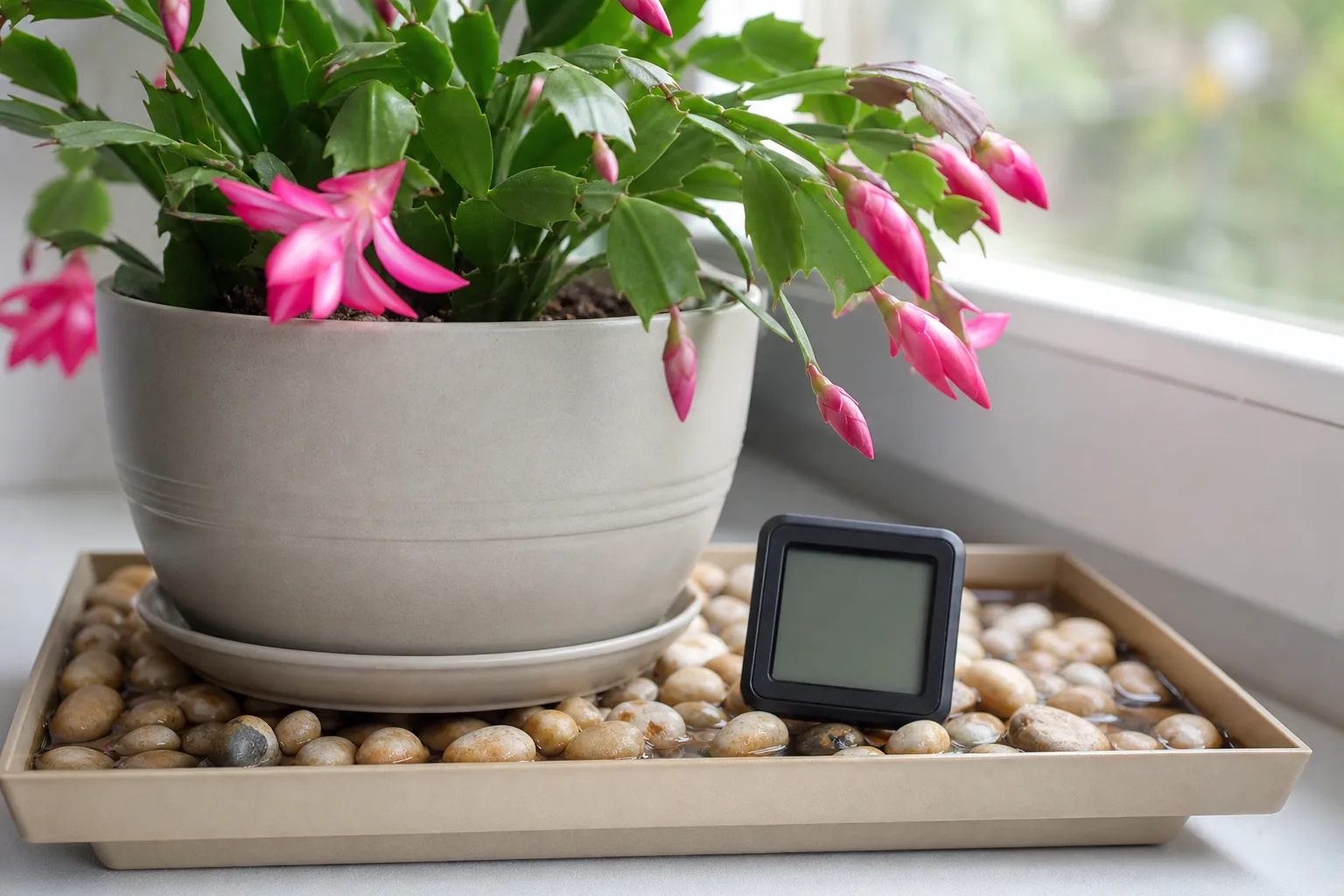 Hygrometer placed at foliage height beside a holiday cactus on a pebble tray