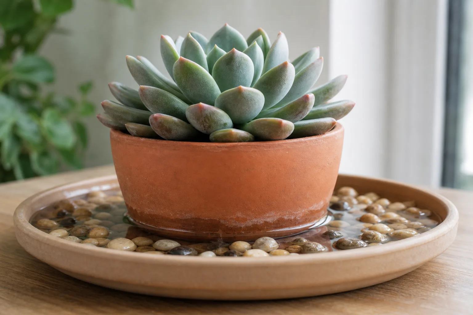 Echeveria in a pebble tray with pot base incorrectly touching standing water