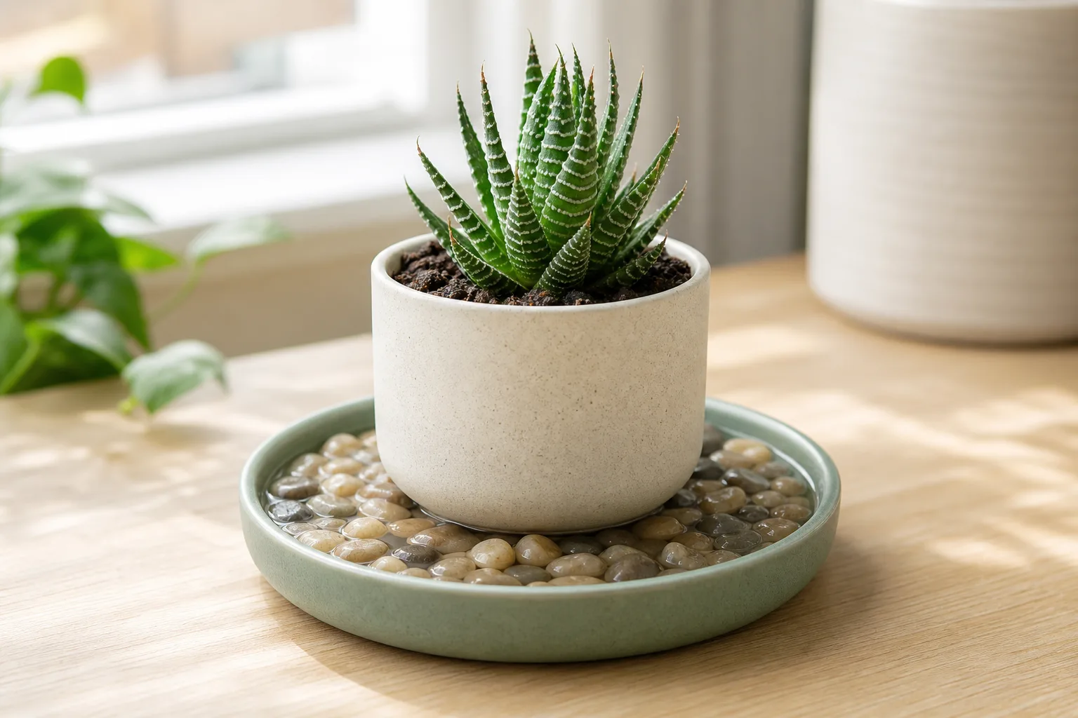 Three succulent types illustrating different pebble-tray fit categories