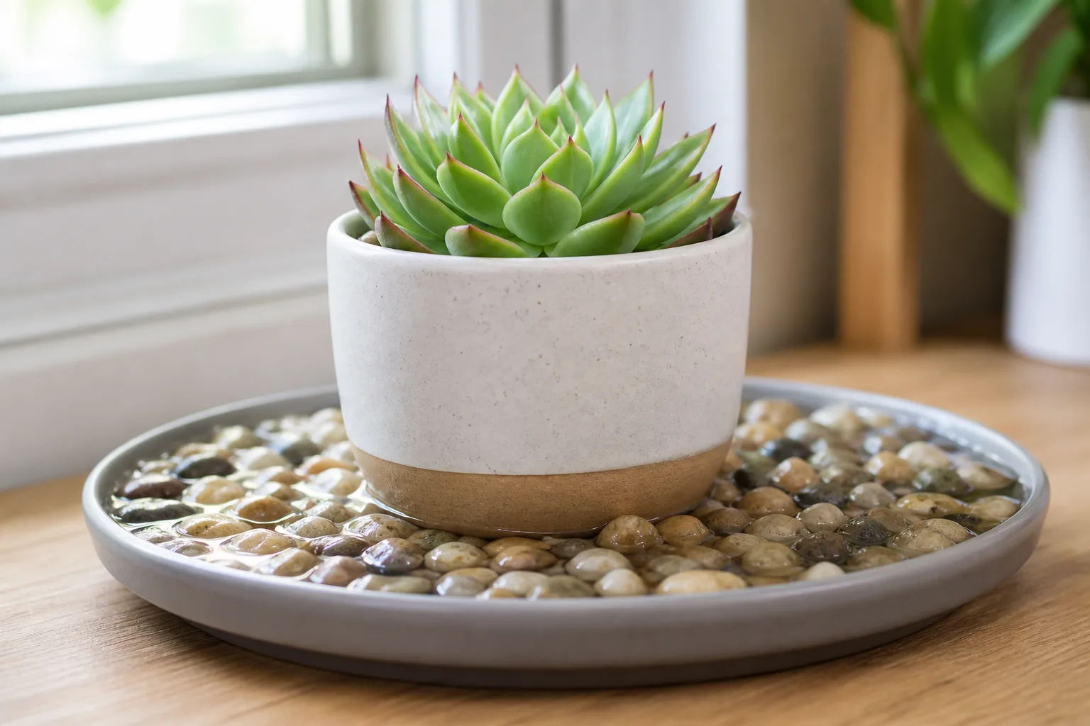 Compact Christmas cactus on a wide pebble tray in a dry heated room