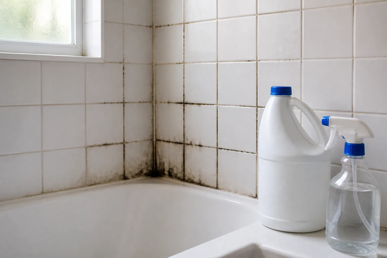 Mold and mildew growing on shower tile and grout in a damp bathroom