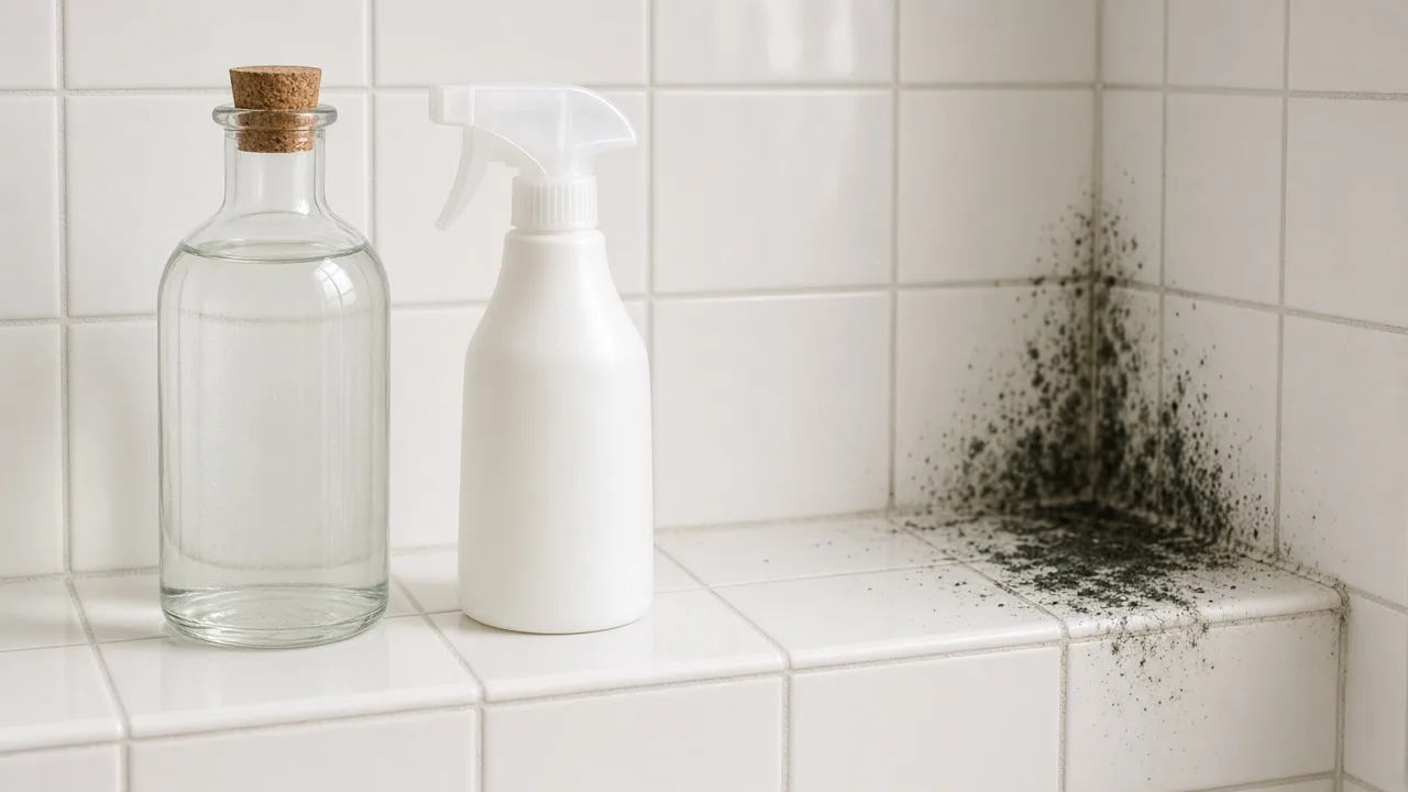 Small mold patch on a household surface beside a vinegar spray bottle