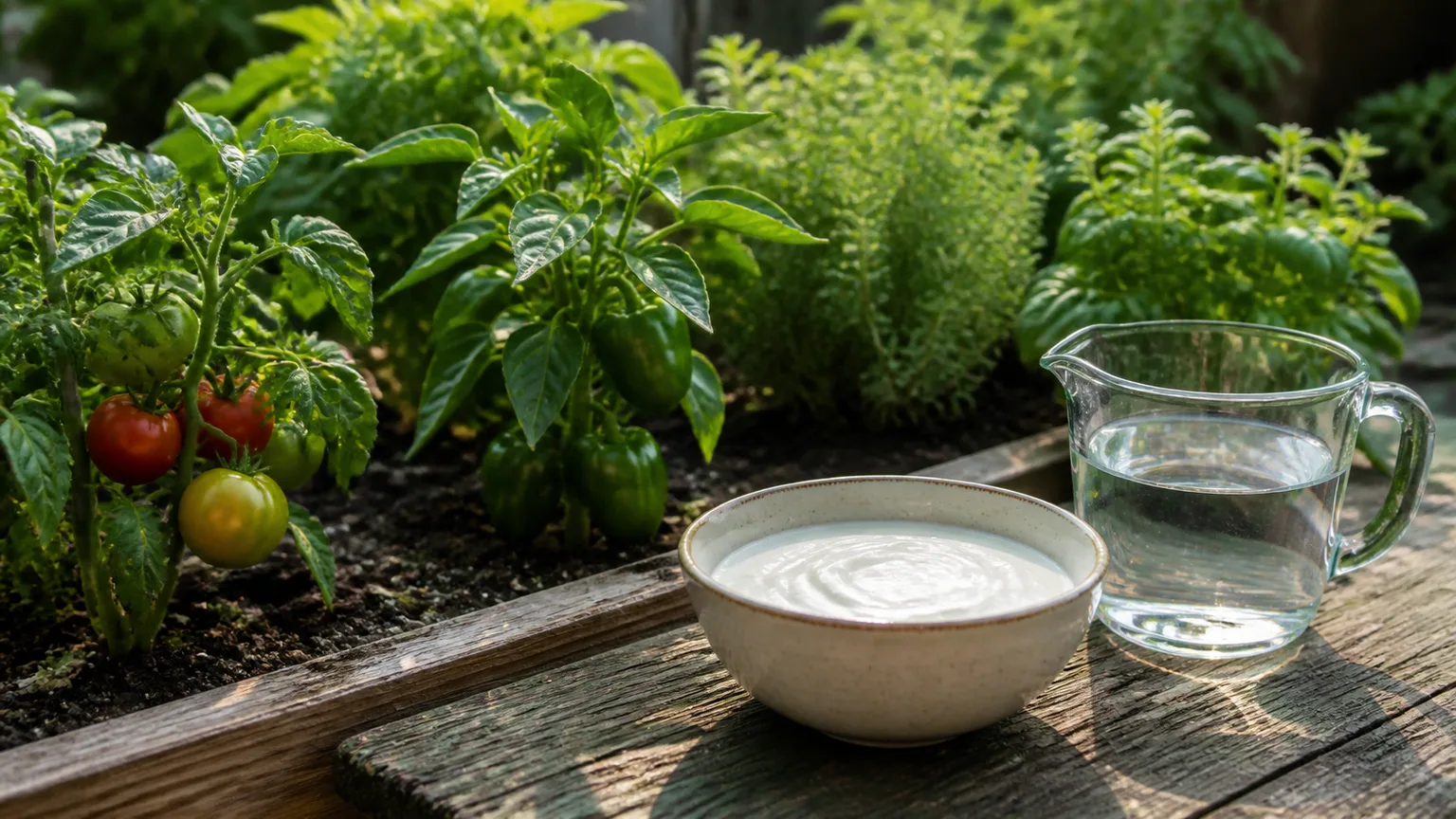 Bowl of plain yogurt and water beside healthy tomato, pepper, and herb plants in a garden bed