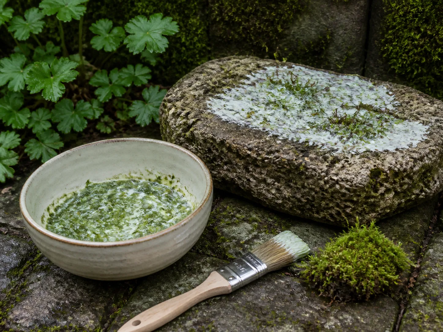 Plain yogurt mixed with live moss beside a porous garden stone in a cool, shaded corner