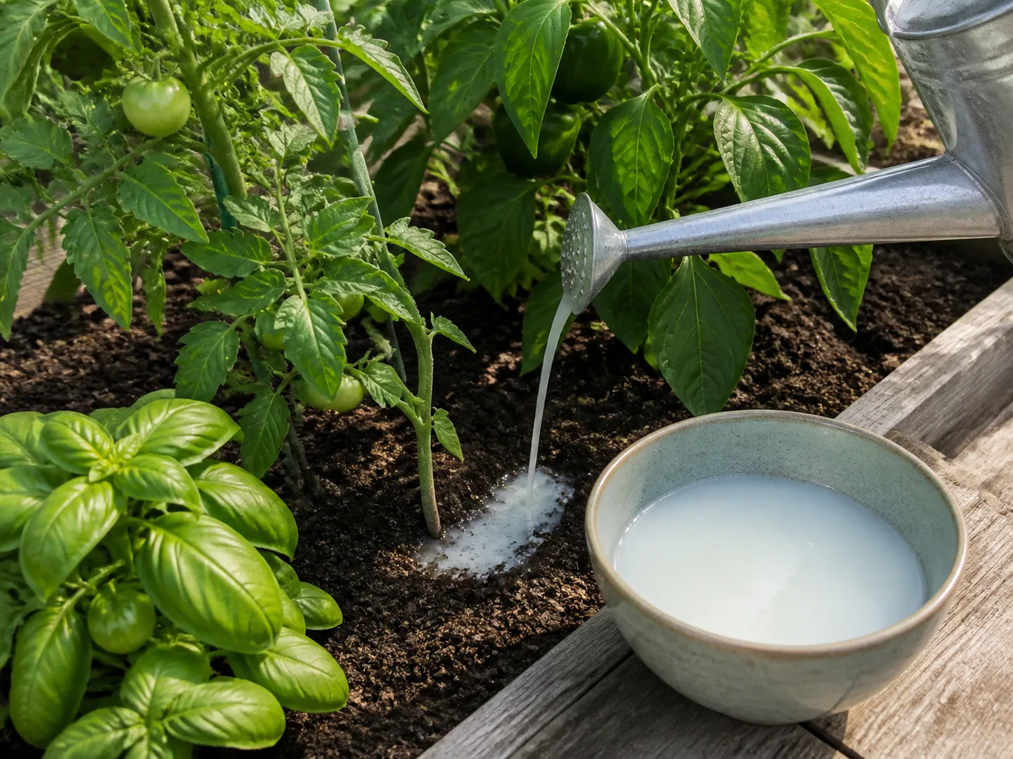 Diluted yogurt mixture being applied to the soil ring around tomato, pepper, and basil plants