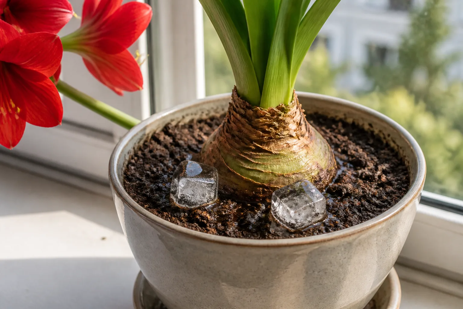 Ice cubes melting on potting soil beside a potted Hippeastrum amaryllis bulb on a windowsill
