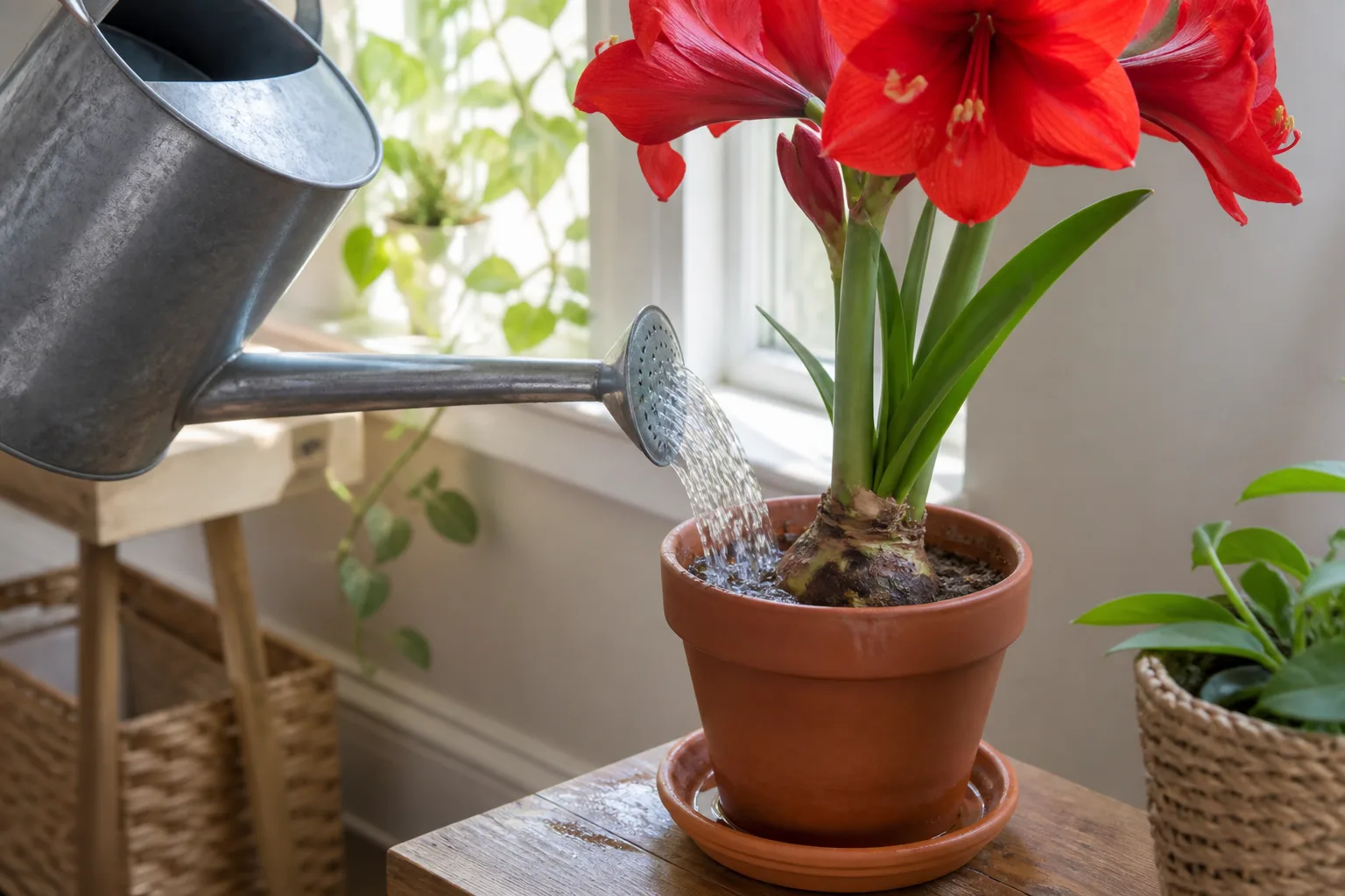 Watering can pouring room-temperature water at the inside rim of an amaryllis pot, away from the bulb neck