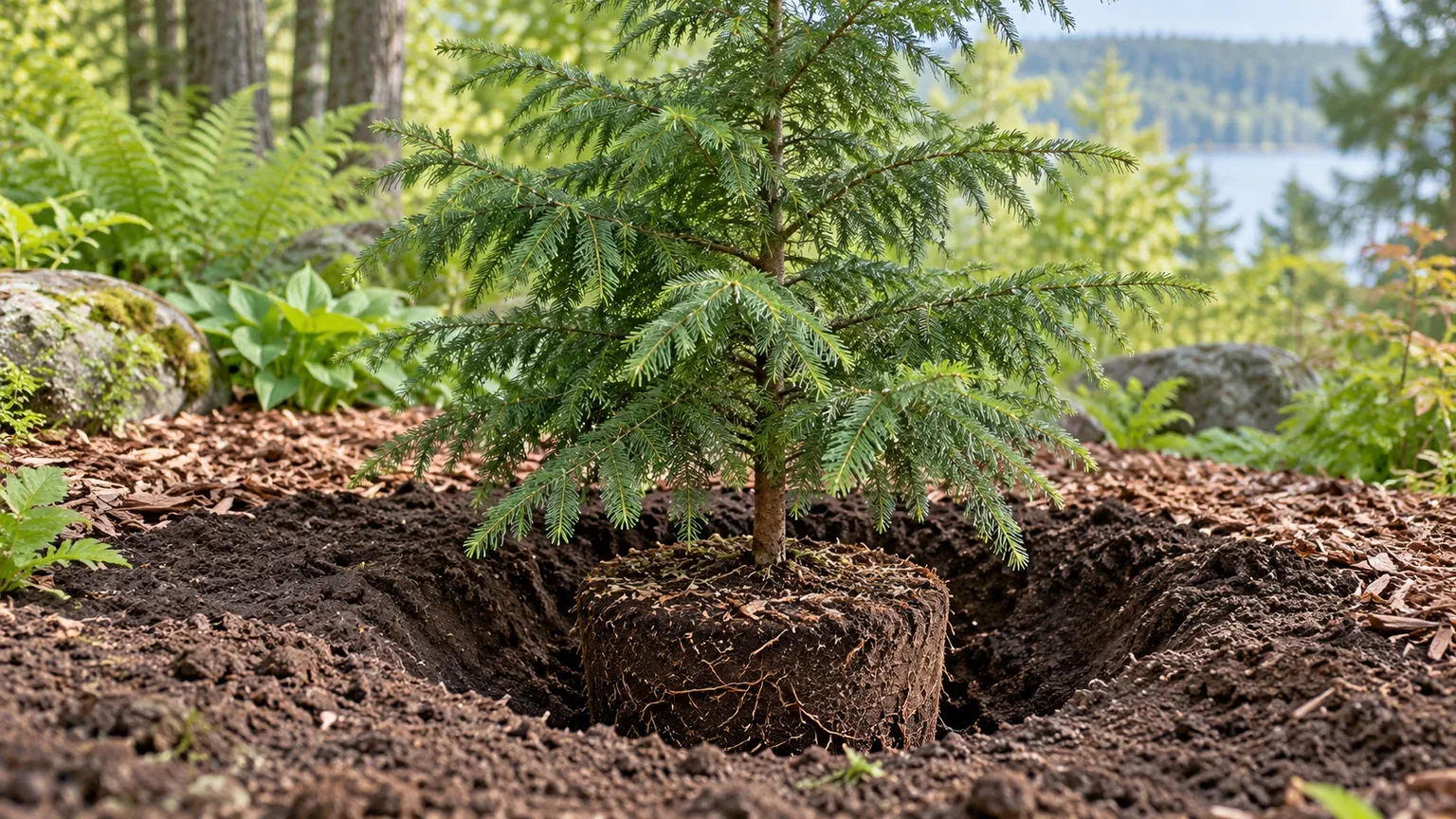 A young Canadian hemlock set in a broad planting hole with its root flare level with the soil surface