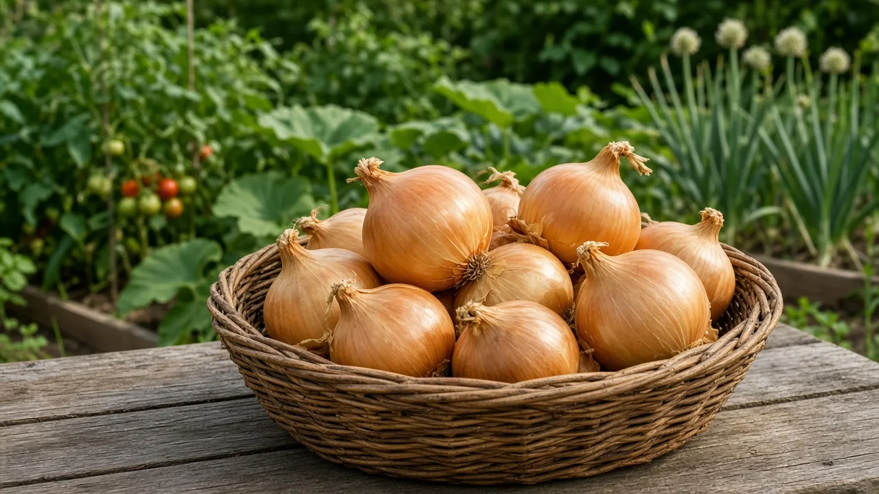 Candy onions growing in a sunny raised garden bed