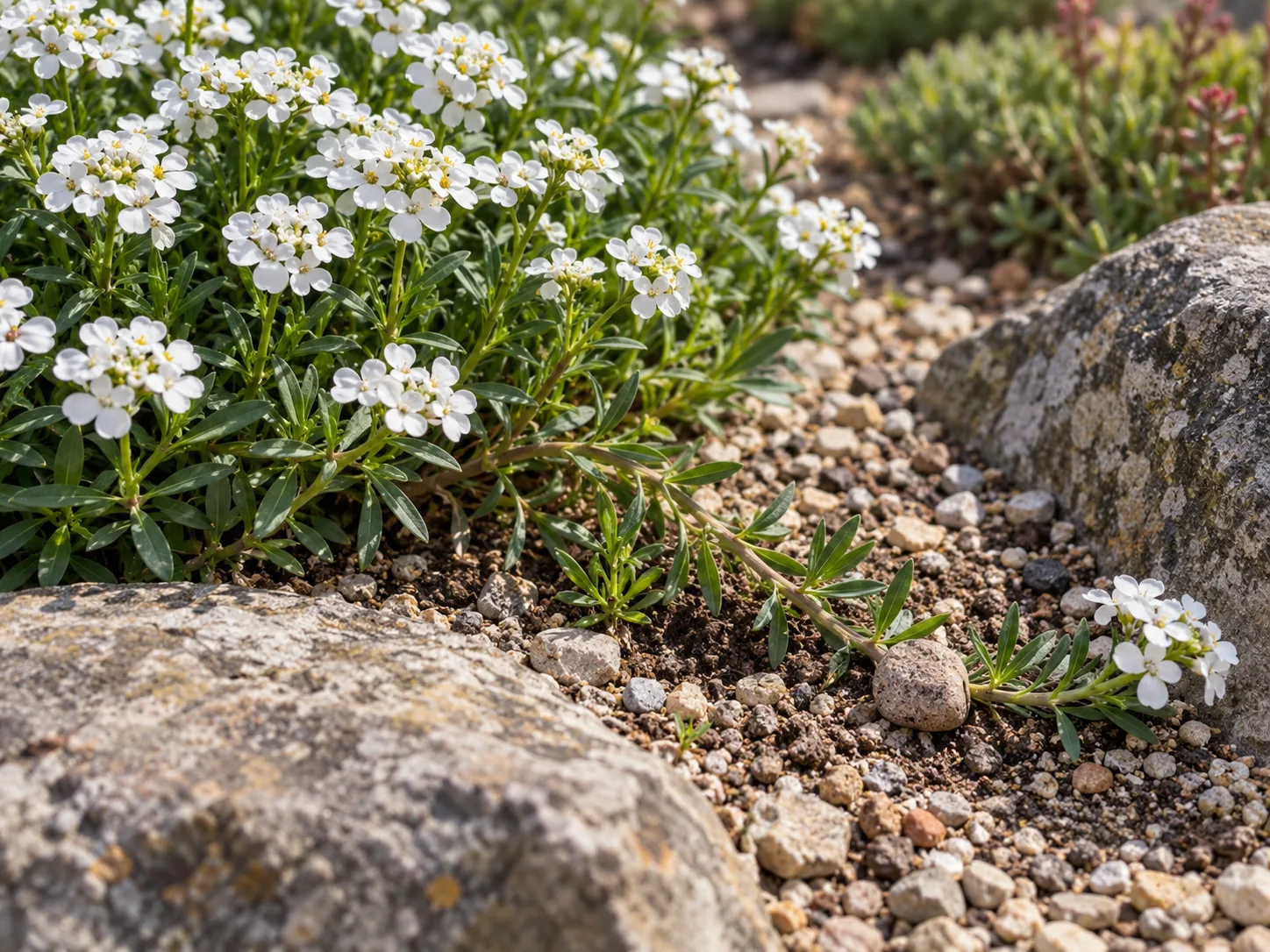 A candytuft stem resting against gritty soil so it can root while attached to the parent plant.