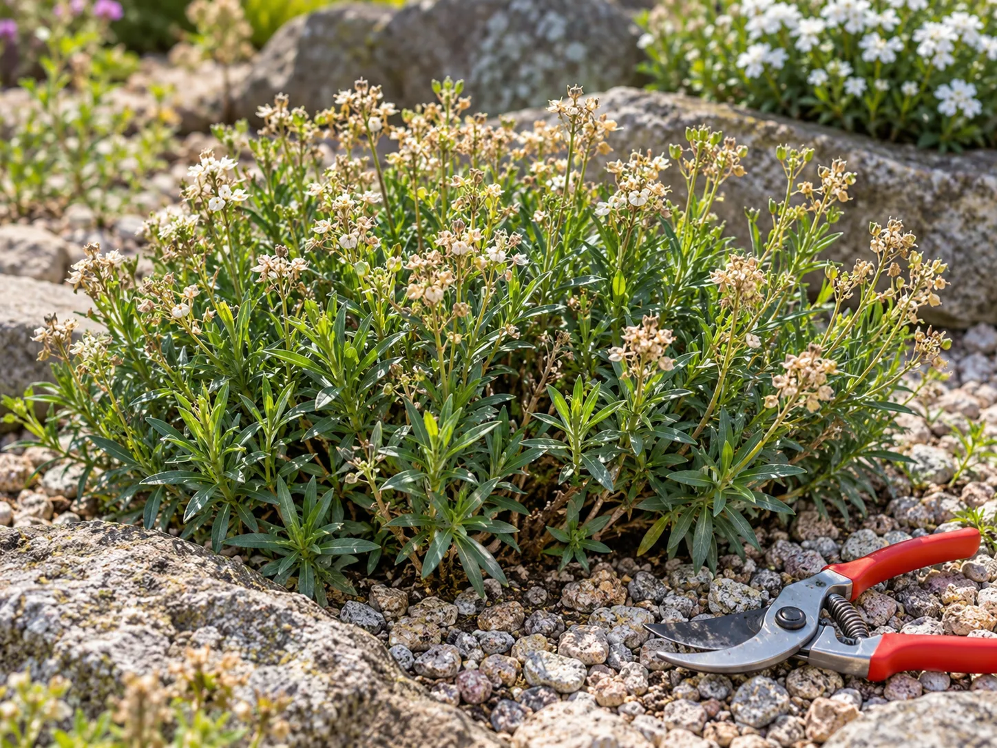 Candytuft lightly trimmed after flowering, with green foliage left above its woody base.