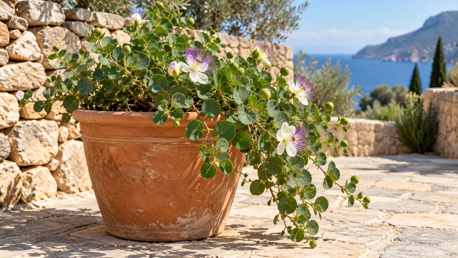 Caper bush growing in a large terracotta pot on a sunny outdoor patio