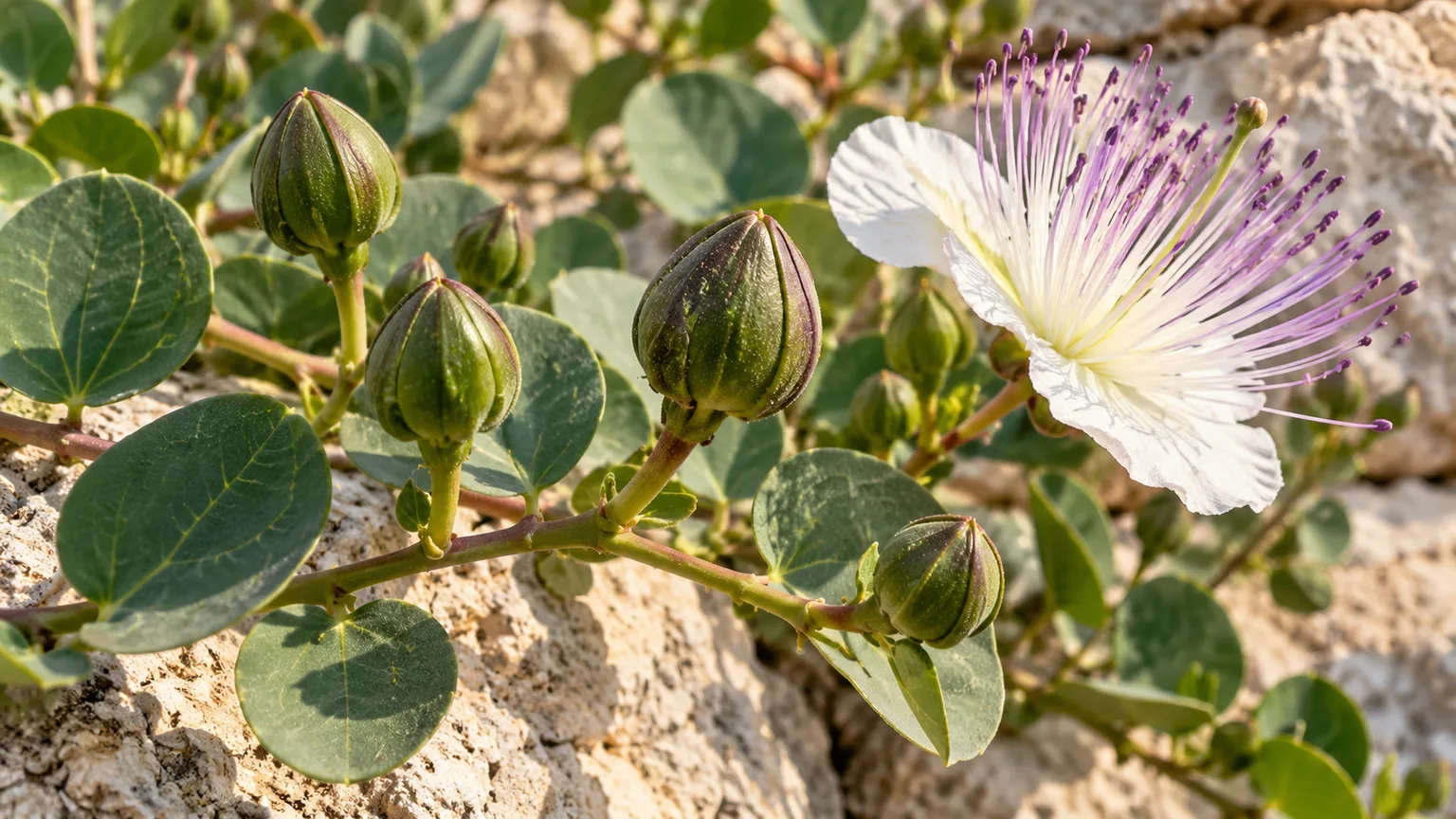 Closed olive-green caper buds beside a white flower with purple stamens