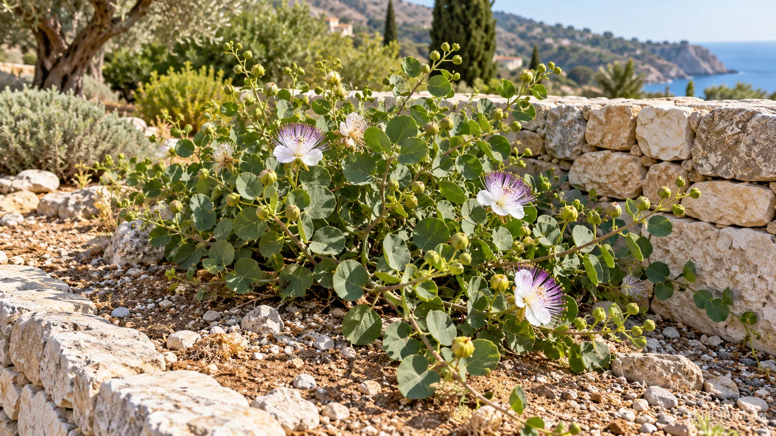 Caper bush growing in a raised, gravelly Mediterranean bed beside a stone wall