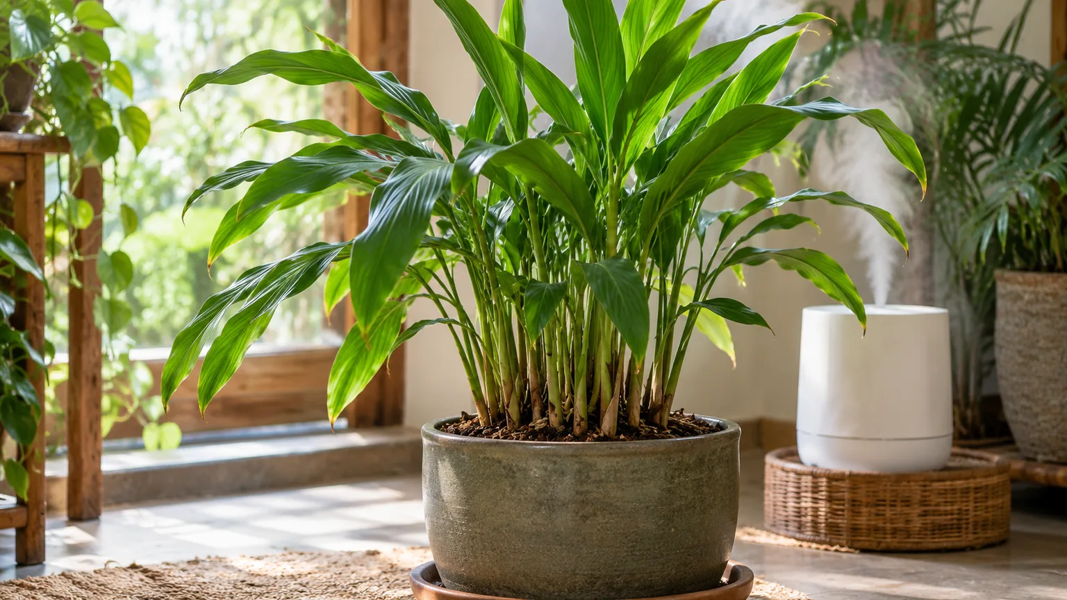 A potted cardamom clump beside a humidifier in a bright filtered-light growing corner