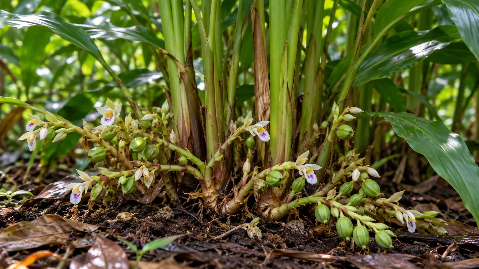 Small cardamom flowers and green capsules emerging on low stalks at the base of the plant
