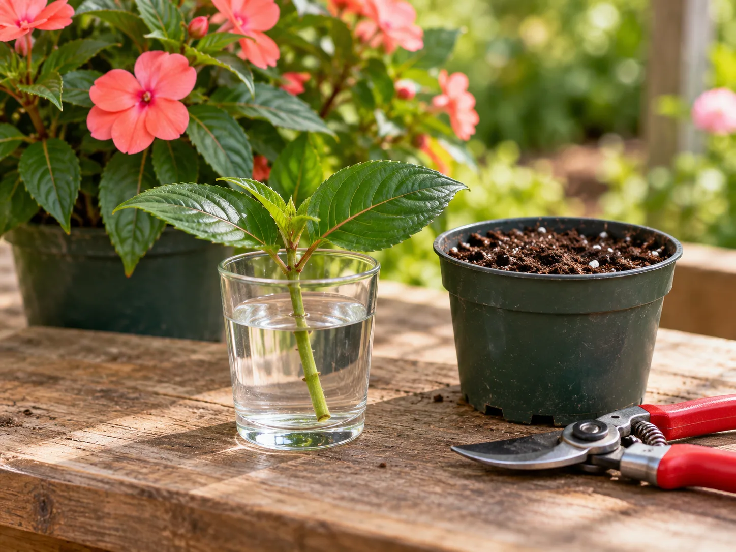 A New Guinea impatiens stem cutting in water beside fresh potting mix and clean pruners