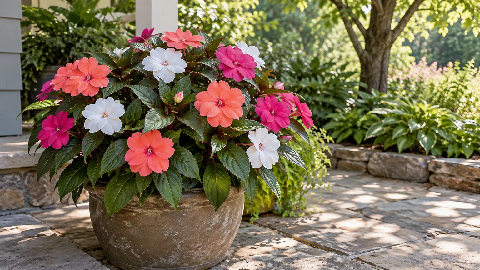 New Guinea impatiens with coral, magenta, and white flowers in a bright, dappled patio setting