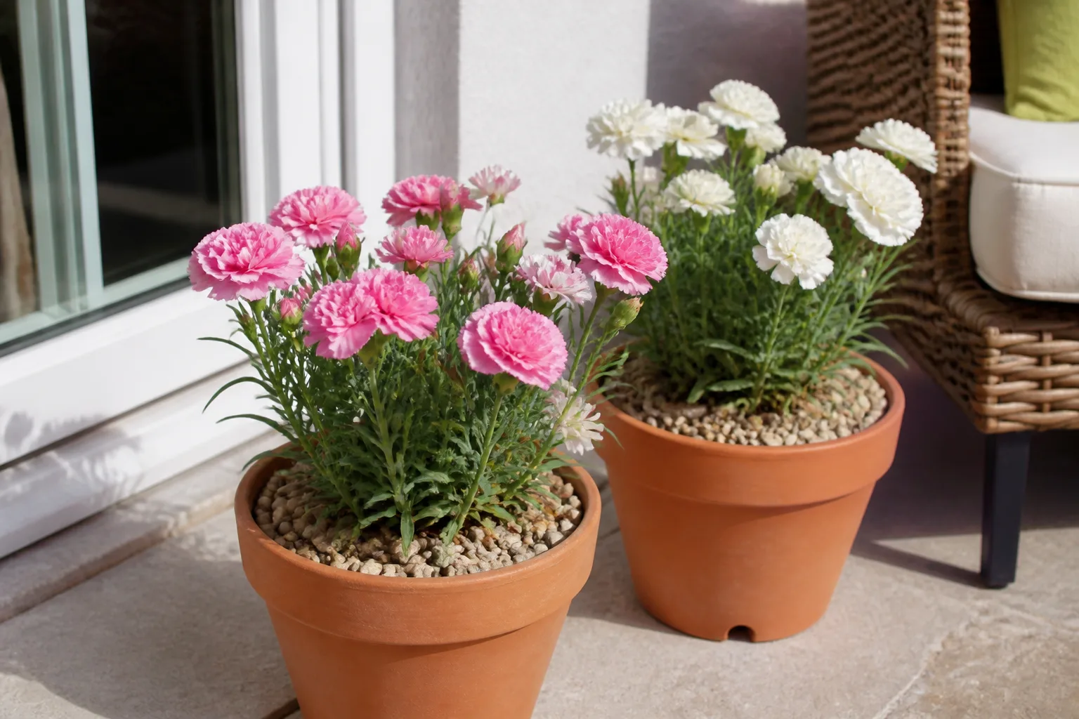 Pink and white ruffled carnations growing in terracotta pots on a sunny patio with good drainage