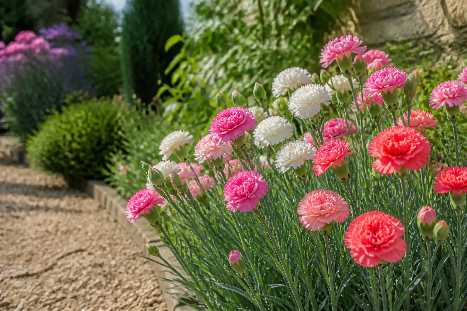 Pink and white ruffled carnation flowers blooming in a sunny cottage garden border with narrow blue-green foliage