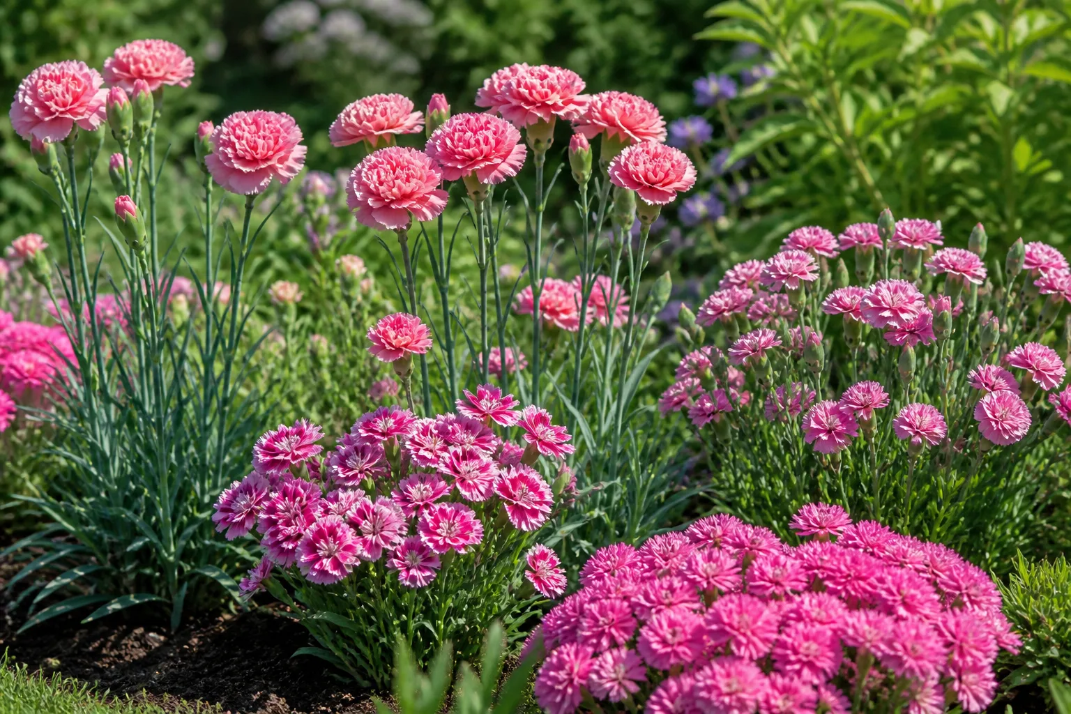 Standard, spray, and border carnation forms showing tall single blooms, clustered spray flowers, and compact double pinks in a sunny garden bed