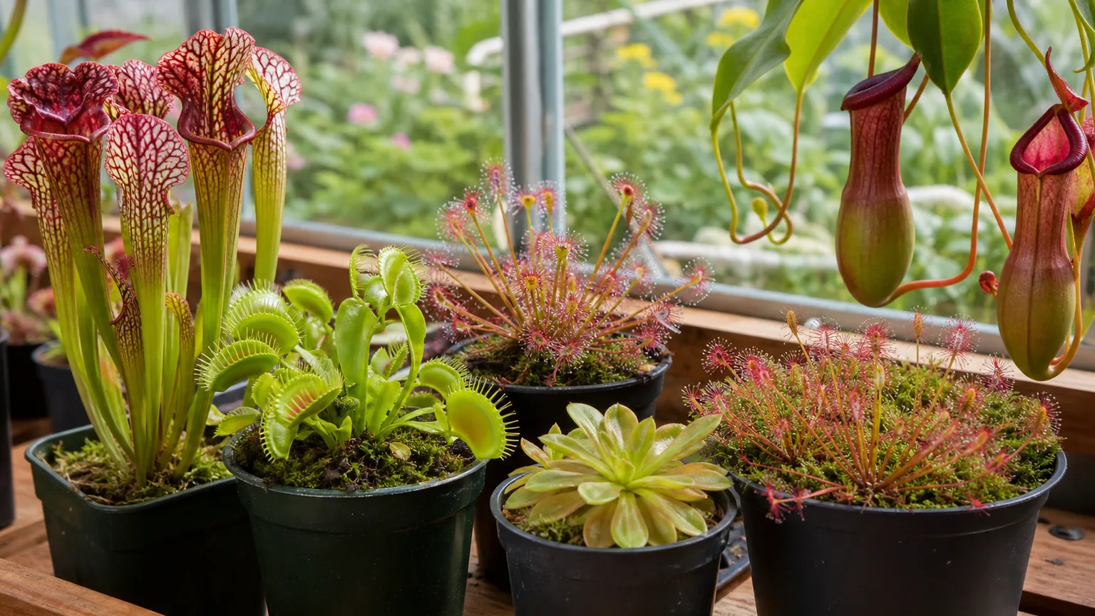A collection of colorful carnivorous plants in a bright greenhouse