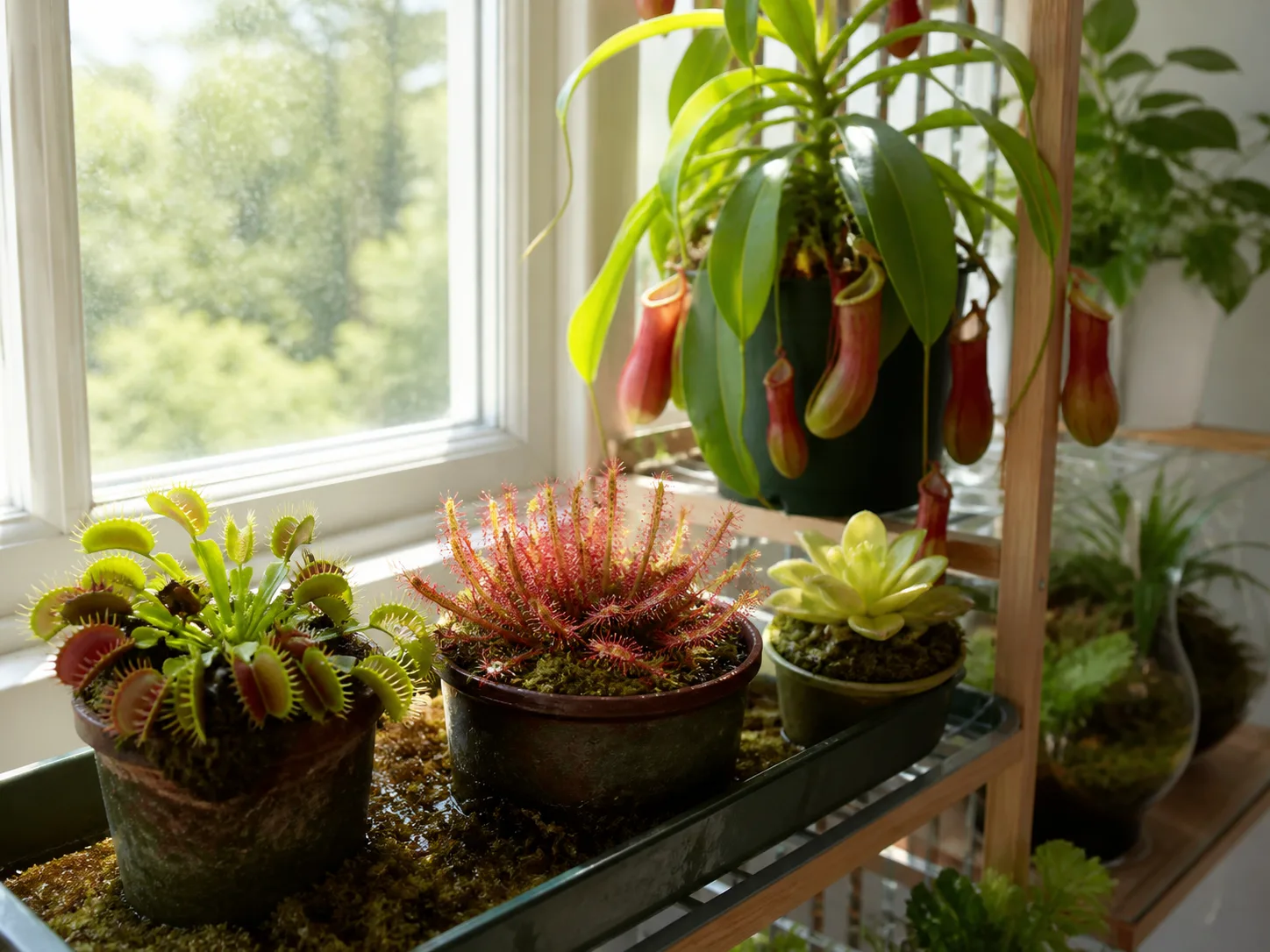 A bright indoor shelf places sun-loving carnivorous plants near a window while a tropical Nepenthes hangs slightly farther back