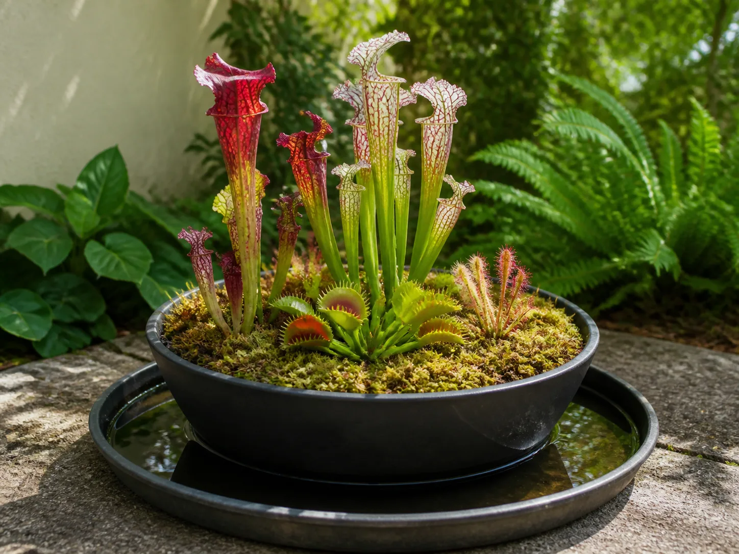 A sunny outdoor bog container holds pitcher plants, a Venus flytrap, and a sundew above a shallow rainwater tray