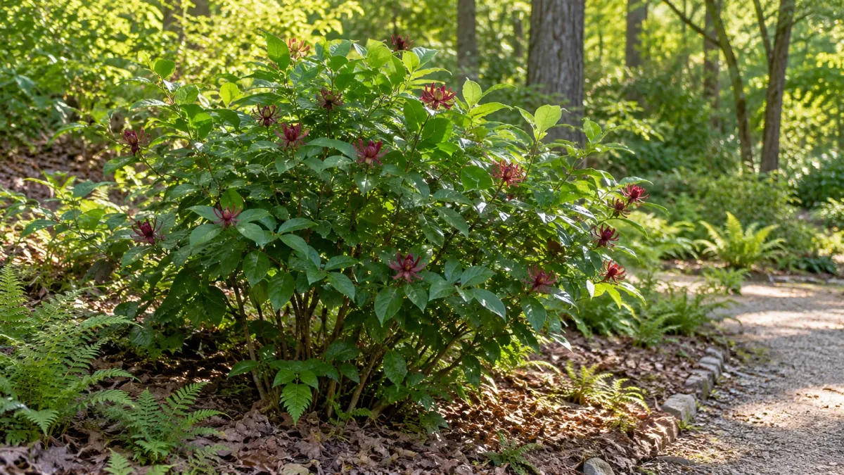 Carolina allspice flowering at a woodland garden edge beside an open path, with space for its rounded multi-stemmed form