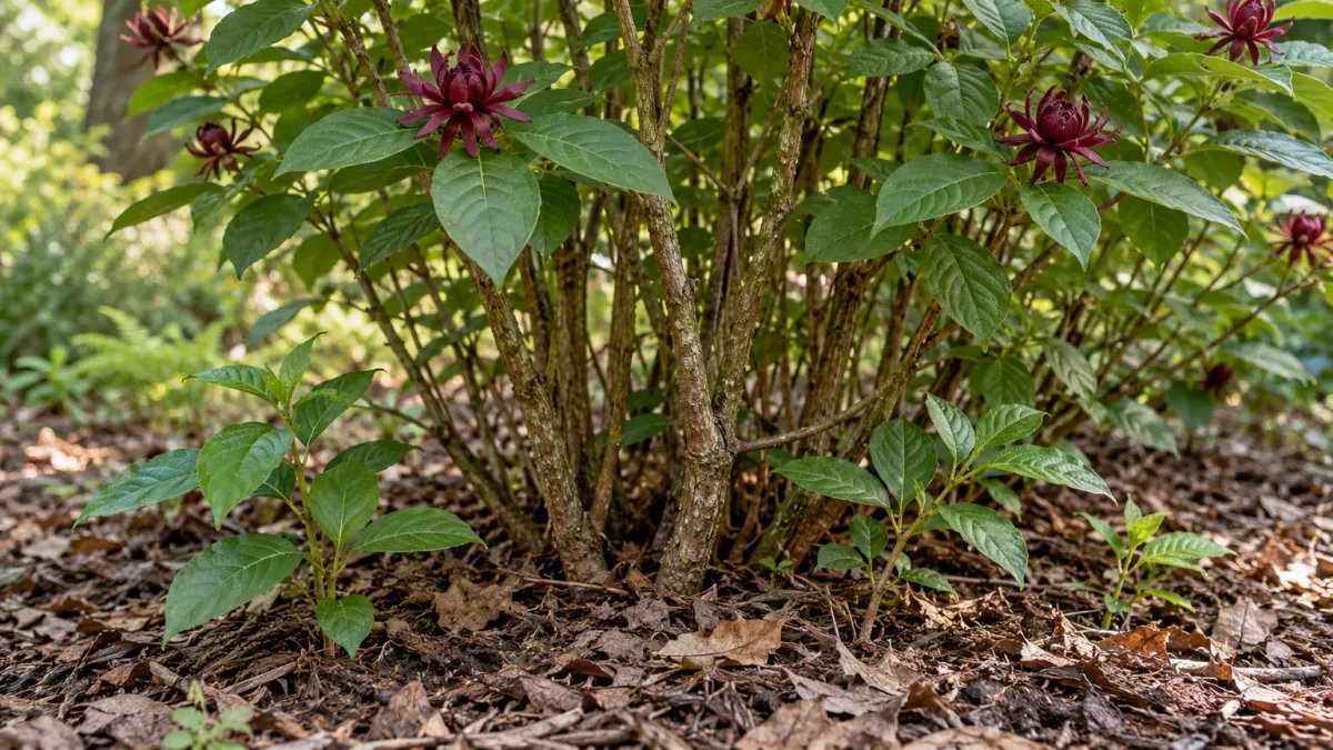 Several young basal shoots emerging from the base of a Carolina allspice shrub.